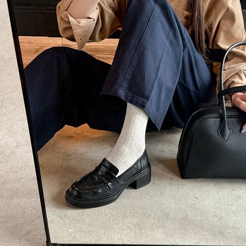 34-40码|5cm粗跟|黑/棕|陈摸鱼圆头复古一脚蹬通勤极简厚底乐福鞋主图