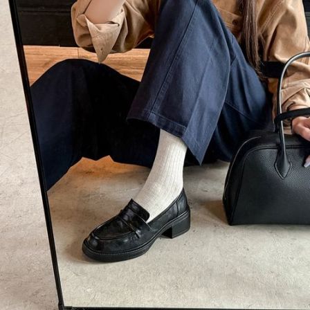 34-40码|5cm粗跟|黑/棕|陈摸鱼圆头复古一脚蹬通勤极简厚底乐福鞋