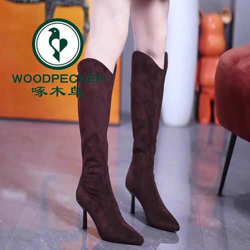 啄木鸟7CM尖头V口高跟不过膝长筒靴女2025冬后拉链细跟绒面瘦瘦靴主图