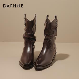 达芙妮新疆旅游靴子美拉德西部靴女2025新款尖头堆堆靴棕色短靴S