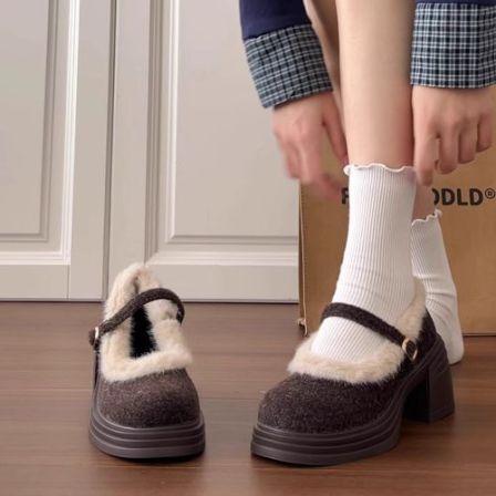 羊皮版~2025新款时尚粗跟玛丽珍鞋女圆头浅口加绒一字扣带单鞋女