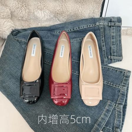 内增高5cm 裸色方头浅口法式温柔平底单鞋百搭软底圆头平底鞋女鞋