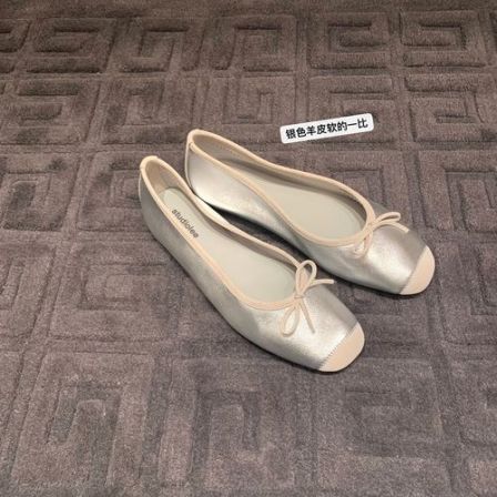 葡萄妈Studiolee 方圆头浅口蝴蝶结软皮软底百搭羊皮平底鞋女单鞋