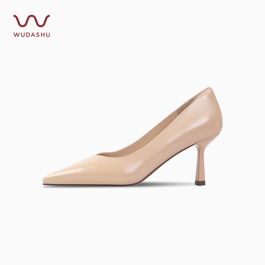 吴大叔2026新款春夏百搭斜切V口气垫缓震裸色尖头浅口细跟高跟鞋主图