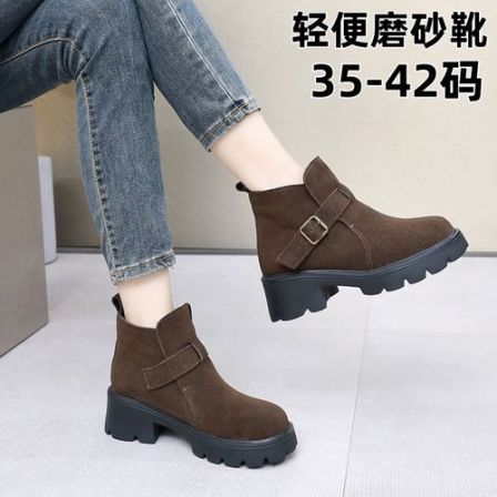 磨砂反绒牛皮时装短靴大码马丁靴女40-41-42轻便厚底跟单里/棉里