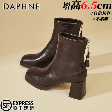 达芙妮文艺复古风短靴秋冬爆款新款后拉链美拉德短筒靴流苏高跟鞋