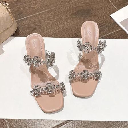 透明水钻高跟鞋2026年新款水晶一字带凉鞋银色外穿拖鞋女气质杏色