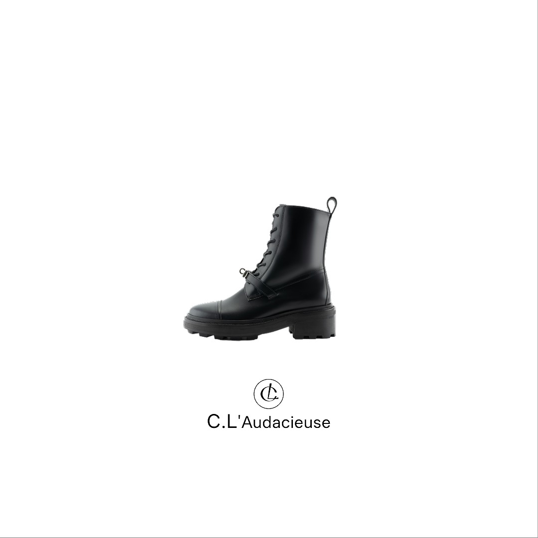 C.L'Audacieuse 黑色厚底法式复古系带中筒机车马丁靴 CL25D104主图