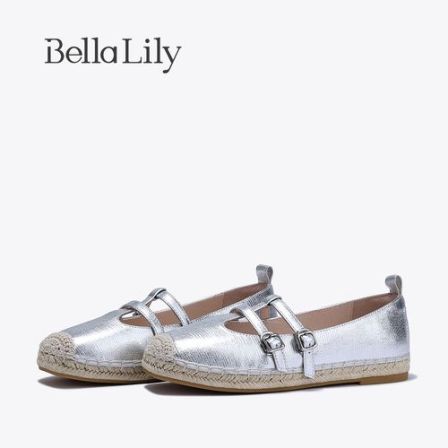 BellaLily秋季新款银色一脚蹬渔夫鞋女麻绳单鞋休闲平底鞋子