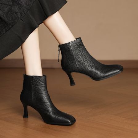 【萌萌定制】搭小脚裤的靴子方头复古秋冬粗跟短靴中跟靴子高跟羊皮