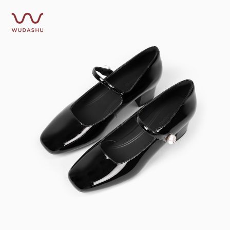 【WUDASHU护趾棉】方头粗跟鞋浅口玛丽珍鞋中跟一字带水钻透气单鞋