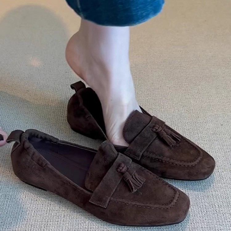 羊皮版~真皮复古方头流苏一脚蹬乐福鞋女通勤百搭平底小皮鞋单鞋主图