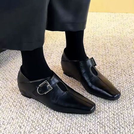 内增高小方头金属扣玛丽珍鞋深口女鞋搭扣粗跟百搭小皮鞋时尚单鞋