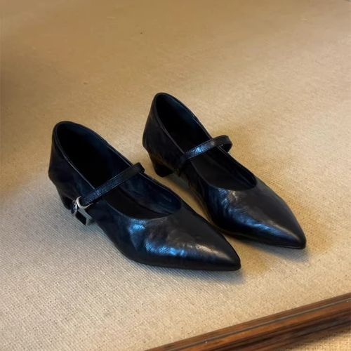 羊皮版~复古粗跟小单鞋一字带尖头百搭黑色简约通勤玛丽珍鞋主图