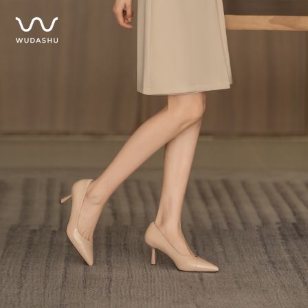 吴大叔春百搭斜切V口气垫缓震裸色尖头浅口细跟高跟鞋A11B1G1112A