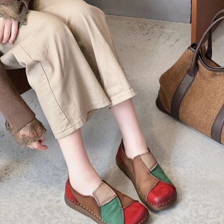 91711复古拼色牛皮单鞋春季新款软底圆头舒适百搭民族风女鞋