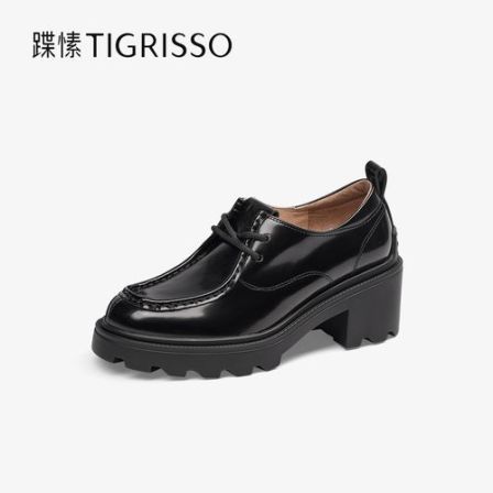 蹀愫2025年春季新款牛皮圆头系带乐福鞋厚底增高小皮鞋TA65131-53