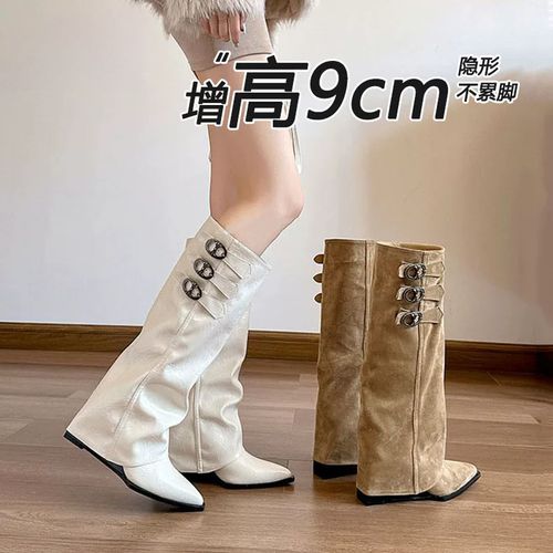真皮9cm尖头白色皮带扣真皮裤管靴女2025新款内增高显瘦骑士长靴主图