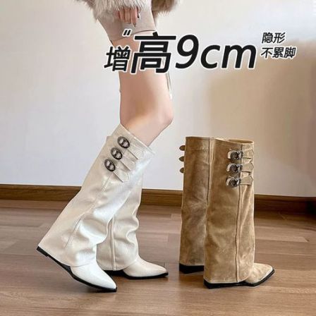 真皮9cm尖头白色皮带扣真皮裤管靴女2025新款内增高显瘦骑士长靴