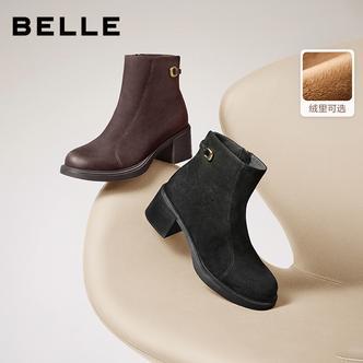 百丽复古擦色时装靴女2025冬新商场同款真皮优雅高跟短靴E4X1DDD5