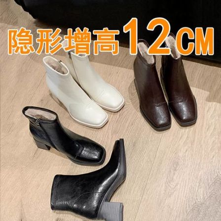 12cm内增高牛皮版瘦瘦靴女2026新款矮子乐粗跟加绒巨好看通勤短靴