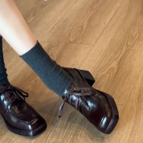 【优】单鞋乐福鞋黑色复古英伦风粗跟方头圆头系带百搭显瘦日系主图