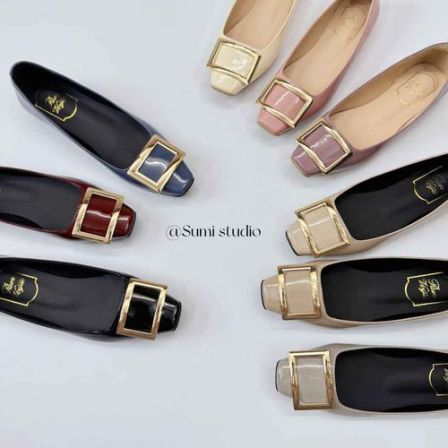 SUMI 时尚经典方头金属扣浅口秋季平底单鞋女鞋漆皮法式软底网红