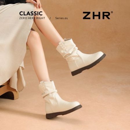 白色短靴女2025秋冬新款平底堆堆靴加绒加厚百搭马丁靴短靴