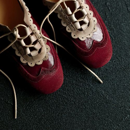 牛皮拼接羊皮单鞋森女系拼色花边平跟方头小众优雅女单鞋春季新款主图