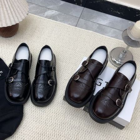 26春季新款复古布洛克风雕花3cm魔术贴小皮鞋平底英伦风皮乐福鞋