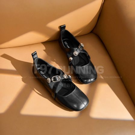 T97【胎牛版】新款小众金属扣交叉带低跟浅口百搭真皮单鞋女G1729