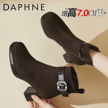 达芙妮法式粗跟高跟靴女2025新款冬季7CM增高显腿长短靴百搭女靴