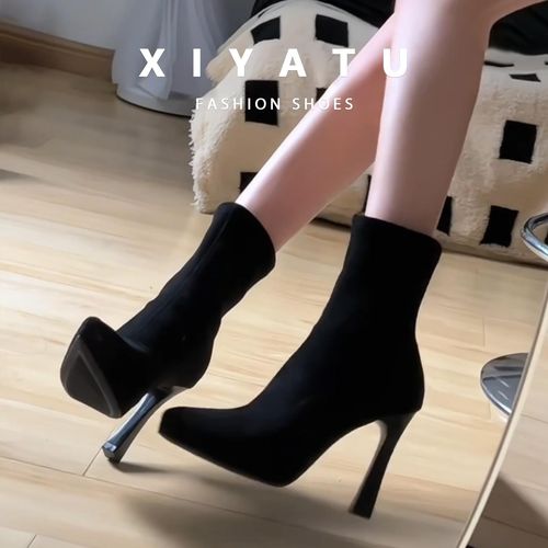 黑色高跟短靴女2025新款秋冬防水台绒面弹力靴尖头小粗跟瘦瘦靴子主图