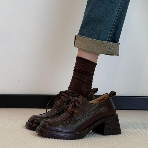 羊皮版~法式复古深口圆头粗跟英伦小皮鞋系带小众设计感通勤单鞋主图