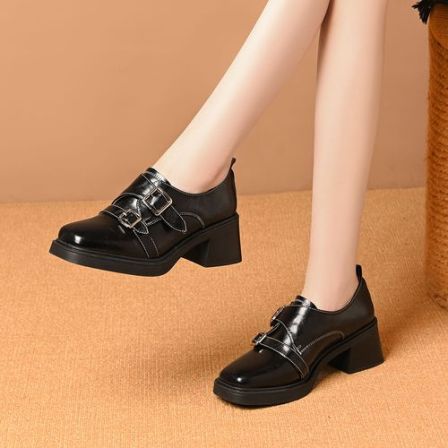 乐福鞋女2026春秋季厚底皮带扣英伦风方头粗跟一脚蹬增高深口单鞋