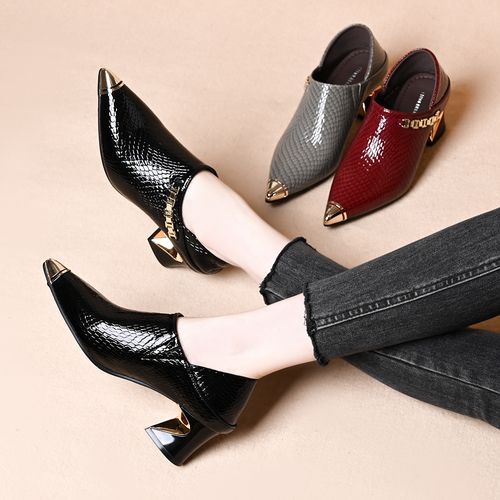 头层牛皮单鞋防滑春秋铁包尖深口粗跟气质时尚百搭真皮中跟高跟鞋主图