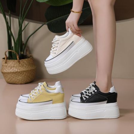 超高跟10CM皮面小白鞋女秋季新款百搭厚底12CM内增高时尚休闲鞋潮