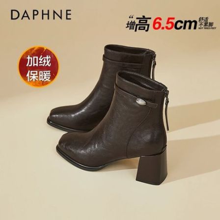 达芙妮法式方头粗跟短靴女靴2025秋冬季加绒复古棕色瘦瘦靴时装靴
