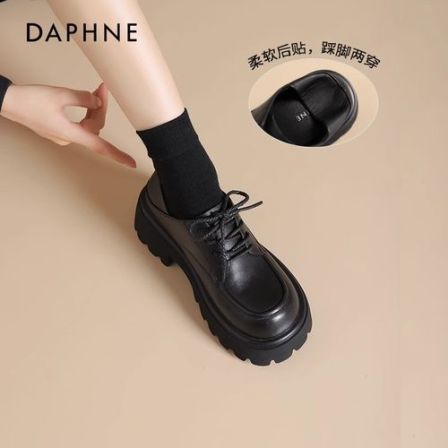 达芙妮英伦风乐福鞋女款2026新款复古系带单鞋百搭黑色厚底小皮鞋