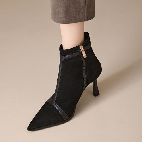 8.5cm设计感拼接尖头短靴细跟真皮百搭尖头靴子秋冬时尚加绒裸靴主图