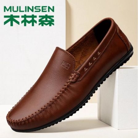 木林森男鞋秋冬新款真皮皮鞋男头层牛皮透气软皮软底一脚蹬豆豆鞋
