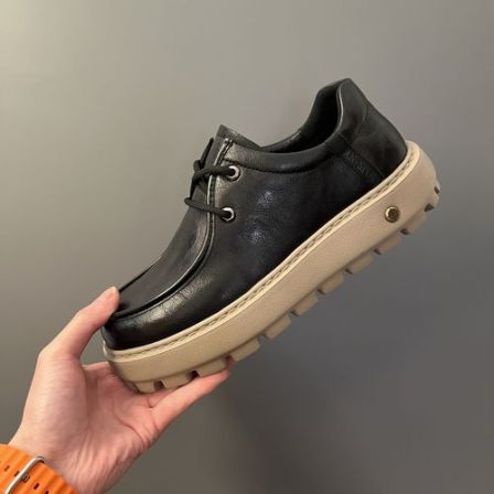 ST5391男士休闲皮鞋真皮时尚舒适厚底软底圆头系带低帮百搭男鞋子