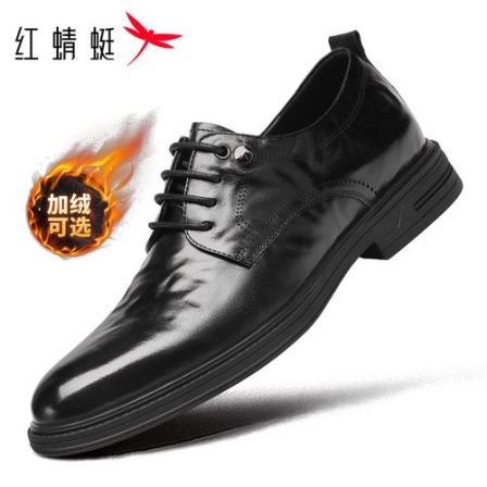 红蜻蜓男鞋德比鞋冬款加绒真皮商务休闲皮鞋手抓纹头层牛皮结婚