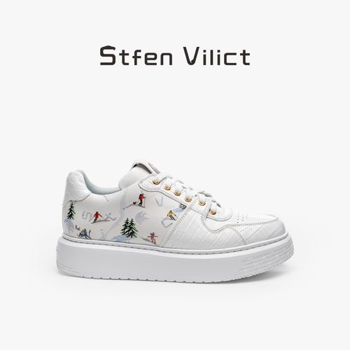 威廉史蒂芬SV088增高系列小白鞋男款象牙白擦色鳄鱼皮拼牛皮板鞋主图