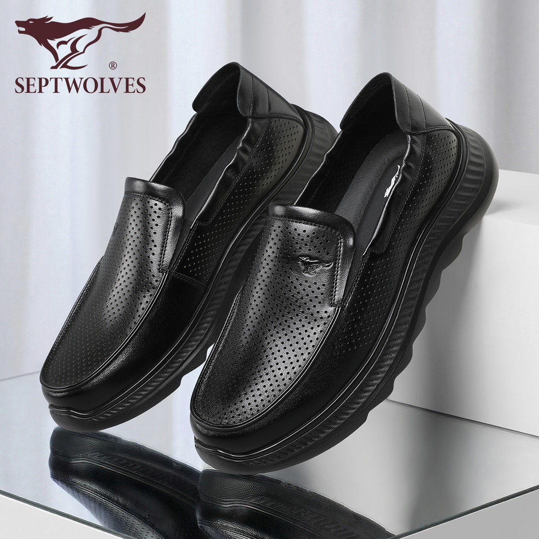 七匹狼皮鞋男2026新款冲孔透气防臭休闲皮鞋真皮柔软缓震乐福鞋男主图