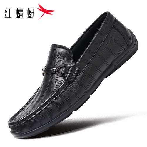 红蜻蜓男鞋冬款一脚蹬真皮豆豆鞋男款头层牛皮乐福鞋软底透气格纹主图