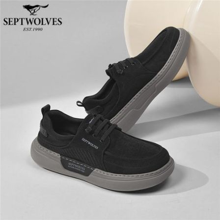 七匹狼男鞋春季新款复古百搭简约休闲皮鞋男士黑色透气厚底布鞋