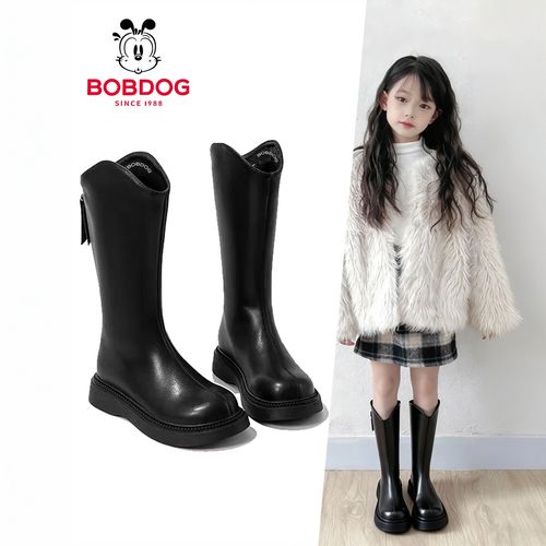 巴布豆女童靴子儿童长筒长靴2025新款秋冬季公主女孩高筒马丁皮靴主图