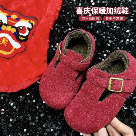 布丁哈鲁2024冬款女童红色新年氛围感软底防滑保暖棉鞋24D883