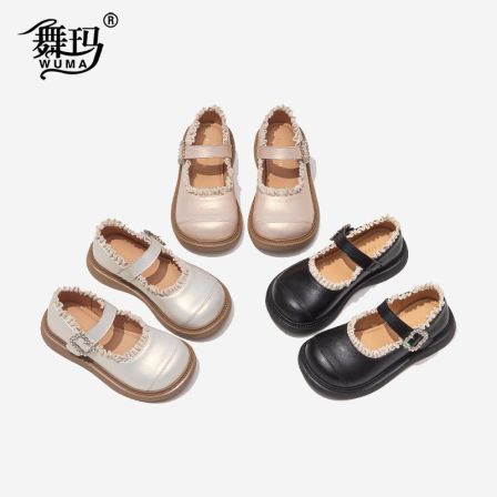 舞玛女童鞋子儿童皮鞋2026新款春季波浪边软底黑色公主鞋子616021